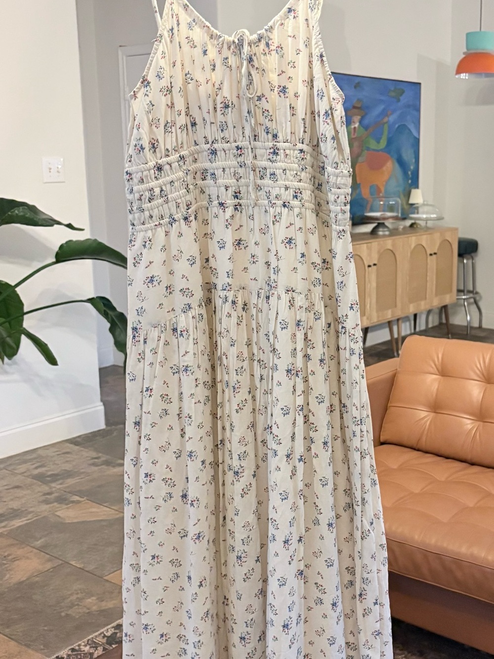 Lucky Brand Cream Blue Ditsy Floral Smocked Tiered Boho Maxi Dress L